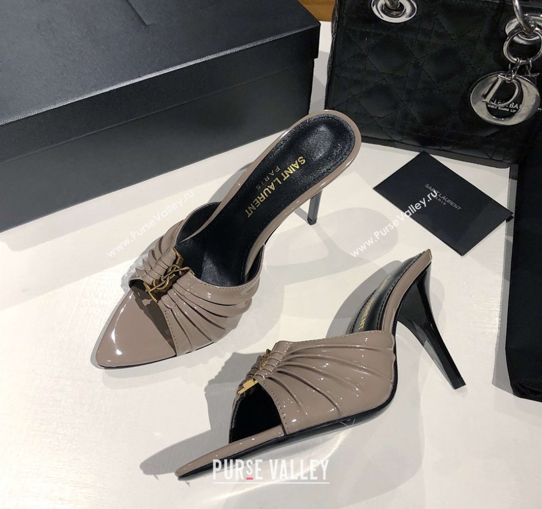 Saint Laurent Babylone Heel Slides Sandal 10.5cm in Patent Leather with Framed YSL Grey 2025 (MD-250424018)