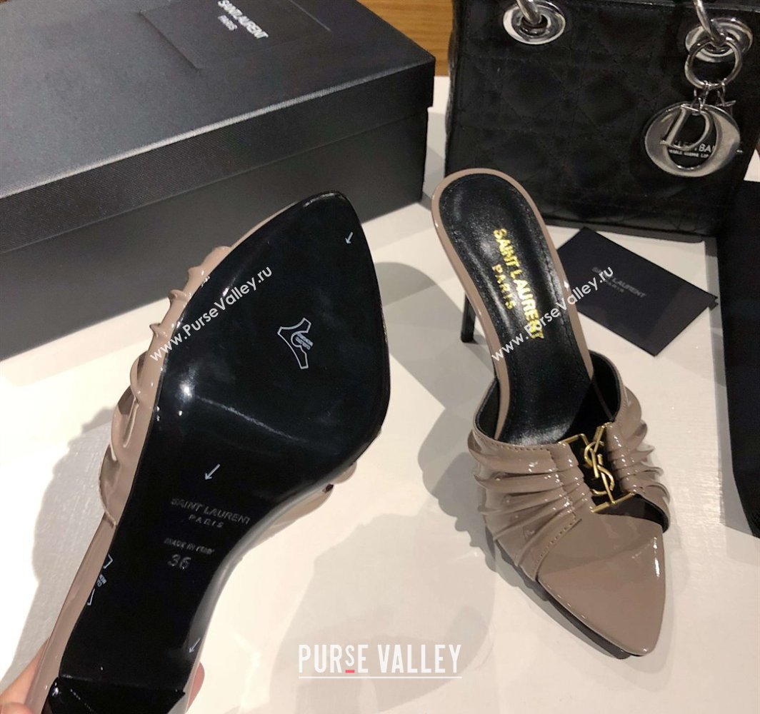 Saint Laurent Babylone Heel Slides Sandal 10.5cm in Patent Leather with Framed YSL Grey 2025 (MD-250424018)
