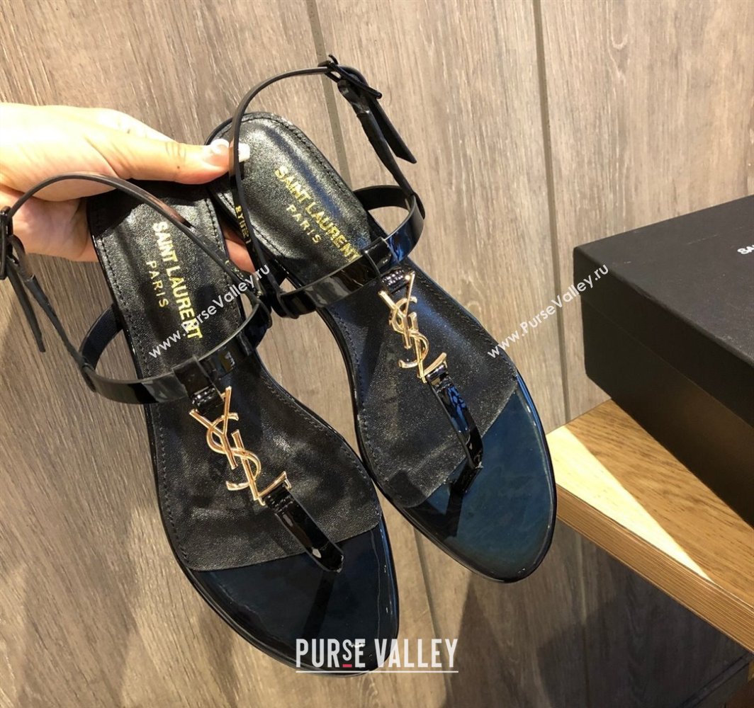 Saint Laurent Cassandra Flat Thong Sandals in Patent Leather Black/Gold 2025 0424 (MD-250424001)
