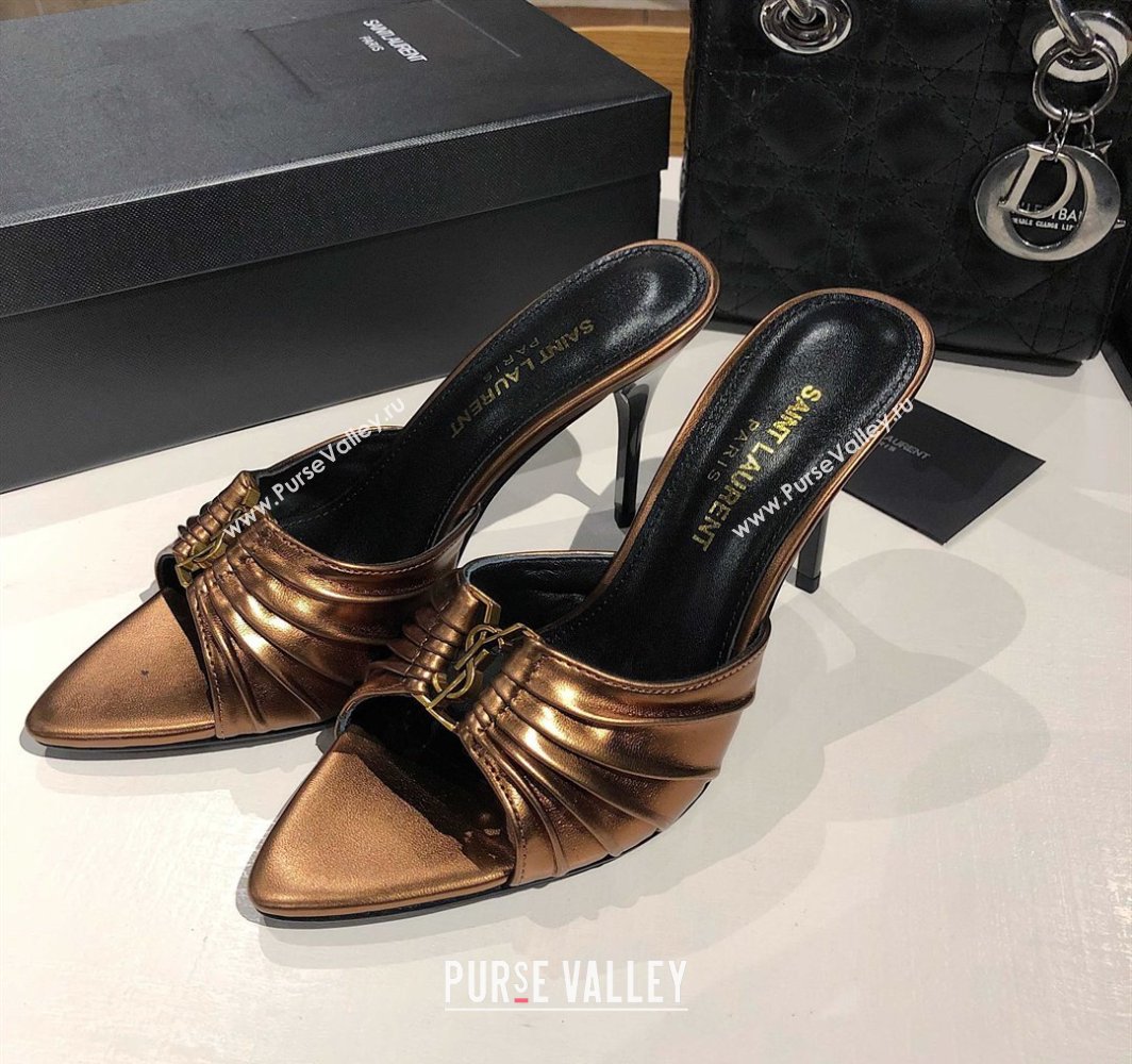 Saint Laurent Babylone Heel Slides Sandal 10.5cm in Calf Leather with Framed YSL Bronze 2025 (MD-250424020)
