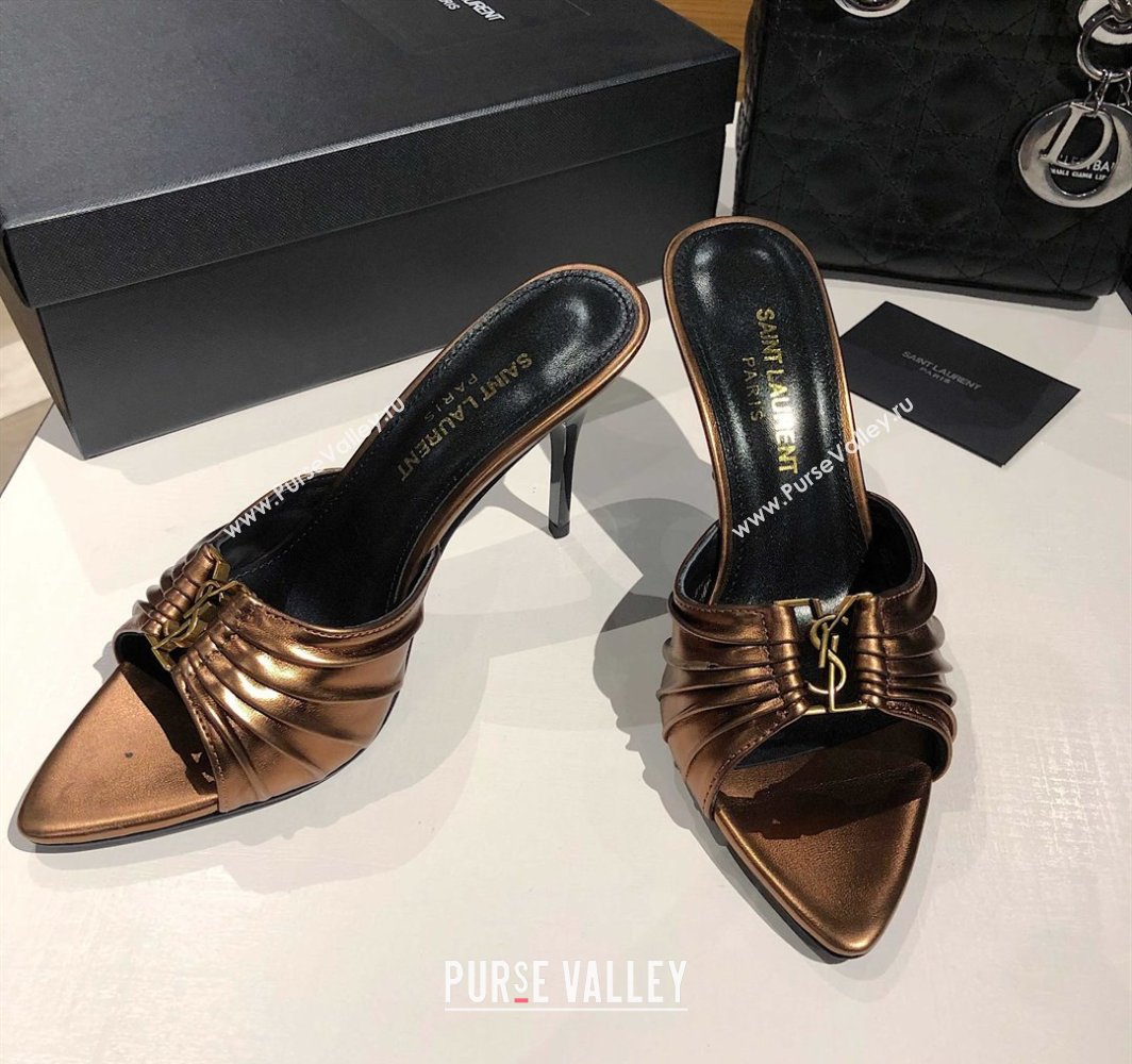 Saint Laurent Babylone Heel Slides Sandal 10.5cm in Calf Leather with Framed YSL Bronze 2025 (MD-250424020)