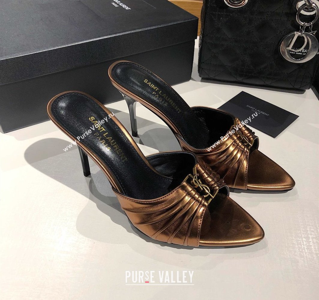 Saint Laurent Babylone Heel Slides Sandal 10.5cm in Calf Leather with Framed YSL Bronze 2025 (MD-250424020)