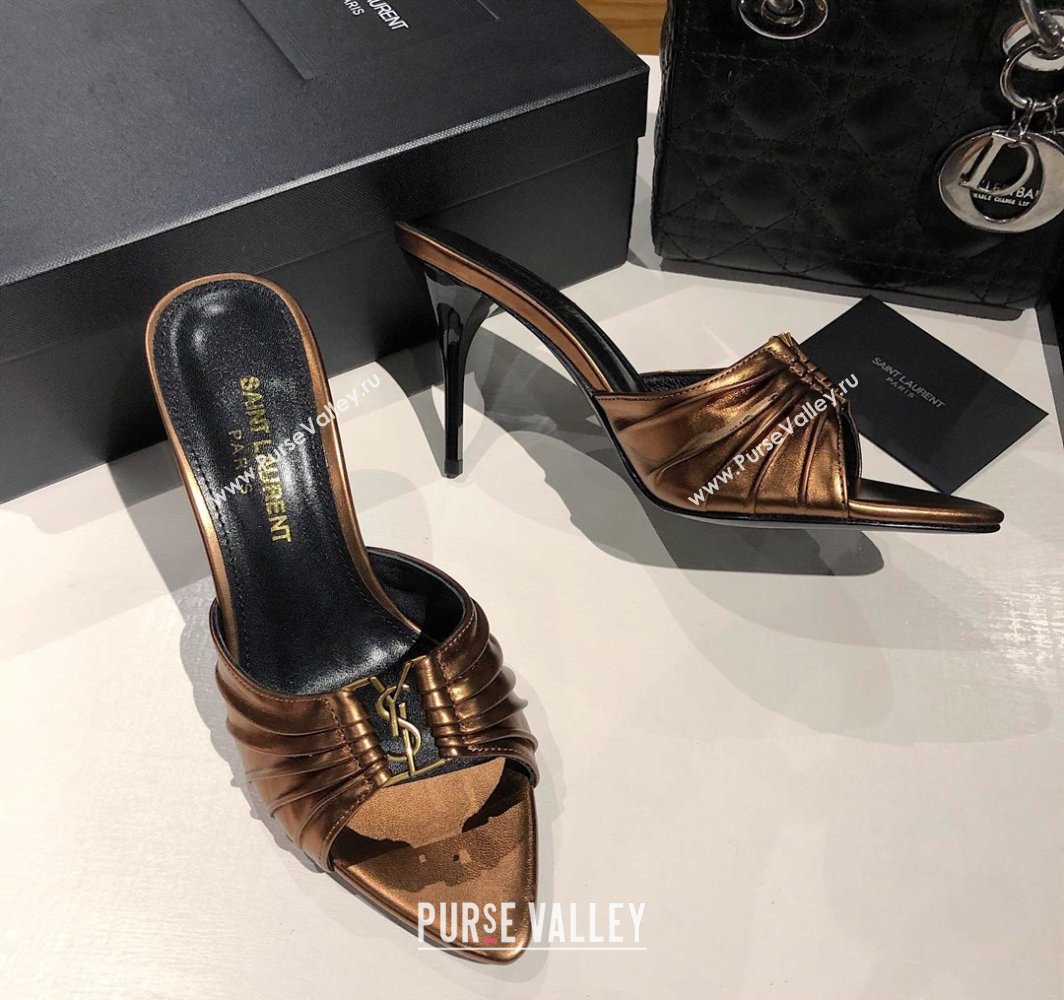 Saint Laurent Babylone Heel Slides Sandal 10.5cm in Calf Leather with Framed YSL Bronze 2025 (MD-250424020)