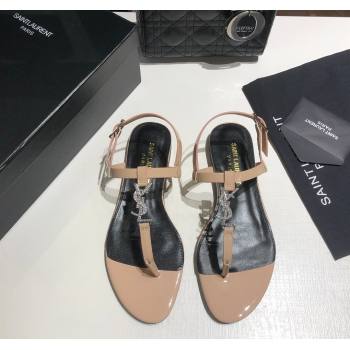 Saint Laurent Cassandra Flat Thong Sandals in Patent Leather with Strass Nude 2025 0424 (MD-250424003)