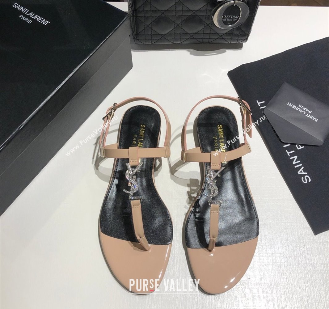 Saint Laurent Cassandra Flat Thong Sandals in Patent Leather with Strass Nude 2025 0424 (MD-250424003)