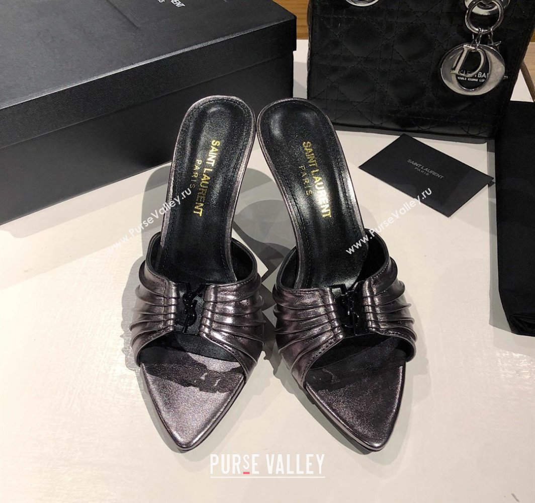 Saint Laurent Babylone Heel Slides Sandal 10.5cm in Calf Leather with Framed YSL Metallic Grey 2025 (MD-250424021)