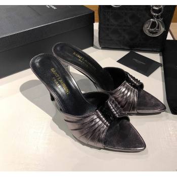 Saint Laurent Babylone Heel Slides Sandal 10.5cm in Calf Leather with Framed YSL Metallic Grey 2025 (MD-250424021)