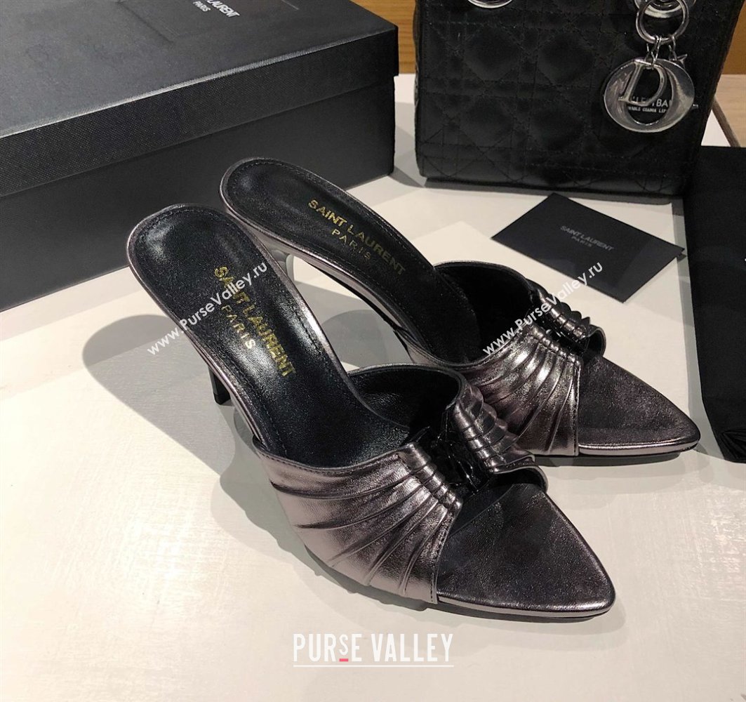 Saint Laurent Babylone Heel Slides Sandal 10.5cm in Calf Leather with Framed YSL Metallic Grey 2025 (MD-250424021)