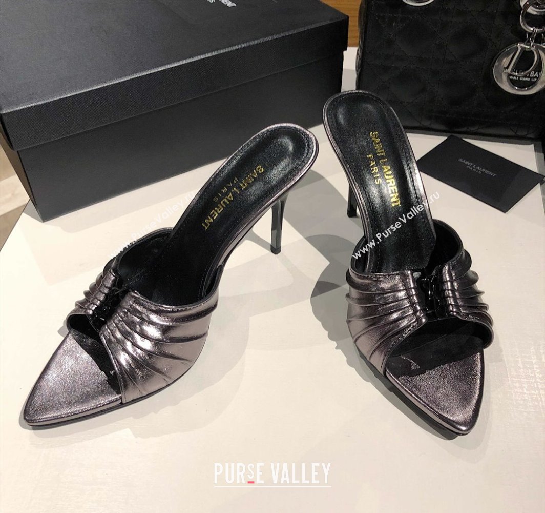 Saint Laurent Babylone Heel Slides Sandal 10.5cm in Calf Leather with Framed YSL Metallic Grey 2025 (MD-250424021)