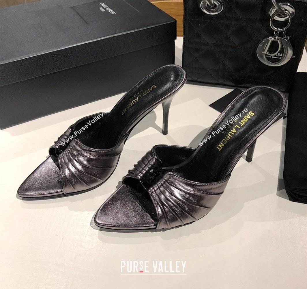 Saint Laurent Babylone Heel Slides Sandal 10.5cm in Calf Leather with Framed YSL Metallic Grey 2025 (MD-250424021)