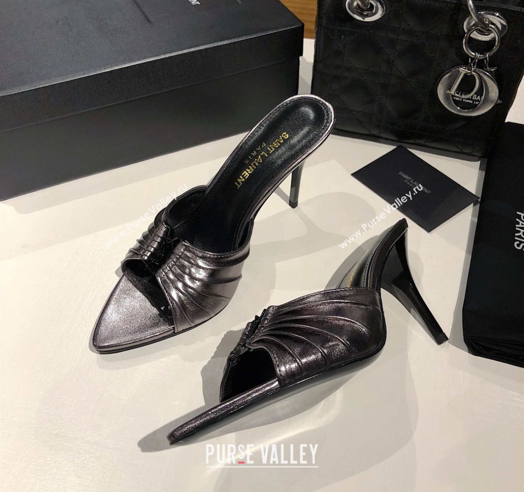 Saint Laurent Babylone Heel Slides Sandal 10.5cm in Calf Leather with Framed YSL Metallic Grey 2025 (MD-250424021)