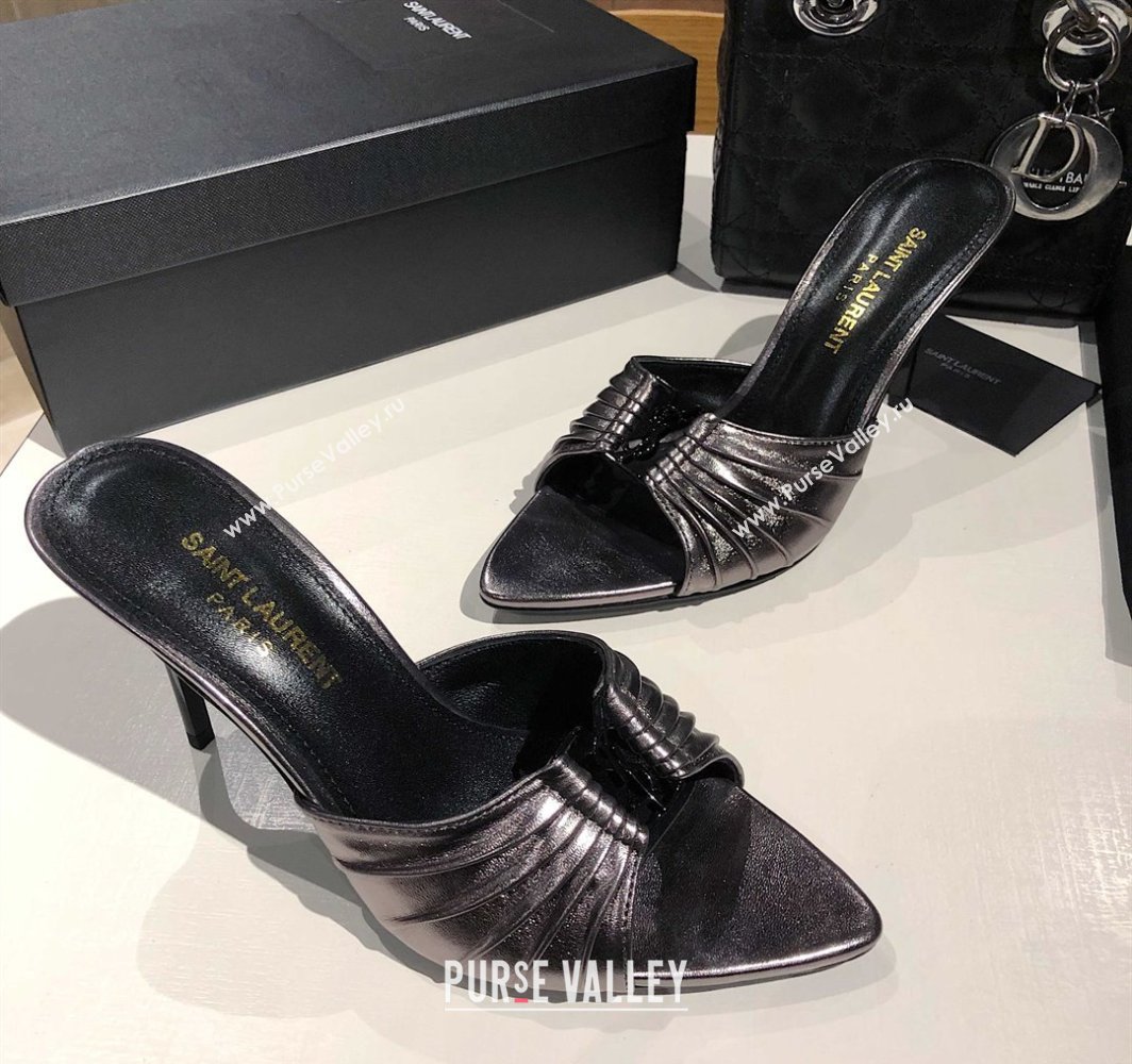 Saint Laurent Babylone Heel Slides Sandal 10.5cm in Calf Leather with Framed YSL Metallic Grey 2025 (MD-250424021)