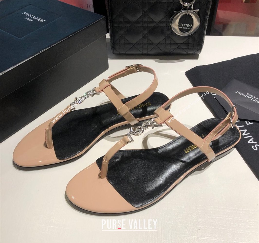 Saint Laurent Cassandra Flat Thong Sandals in Patent Leather with Strass Nude 2025 0424 (MD-250424003)