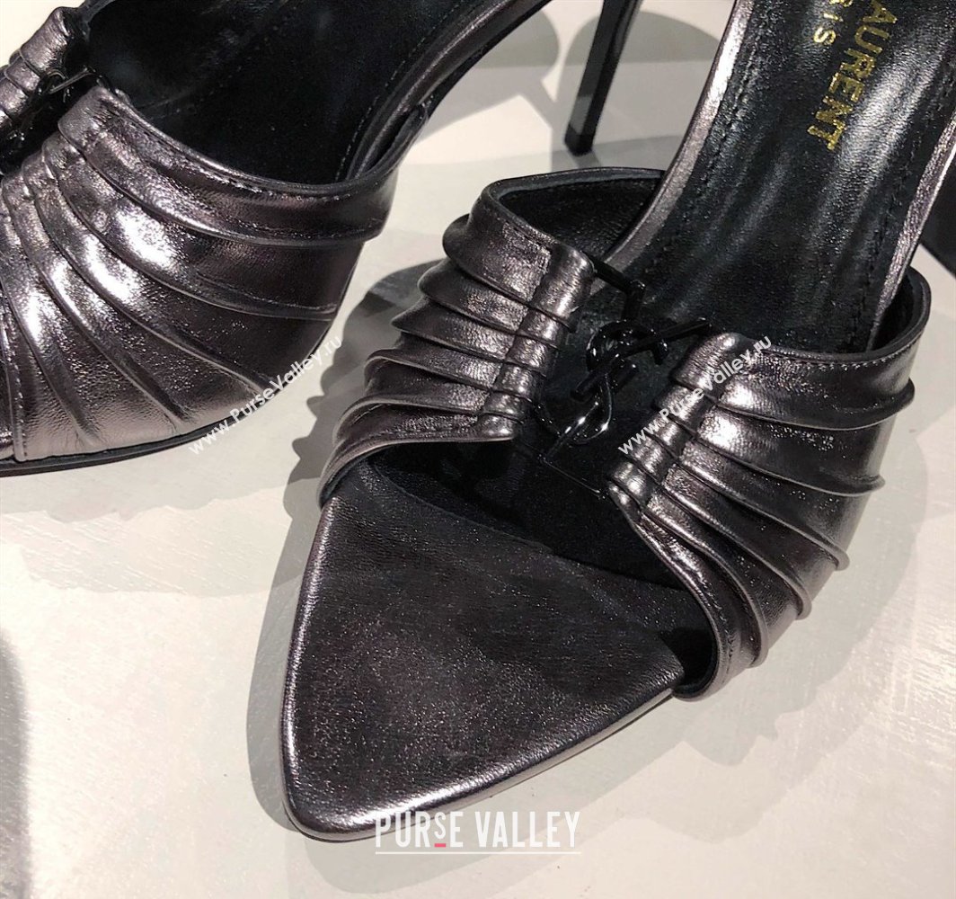 Saint Laurent Babylone Heel Slides Sandal 10.5cm in Calf Leather with Framed YSL Metallic Grey 2025 (MD-250424021)