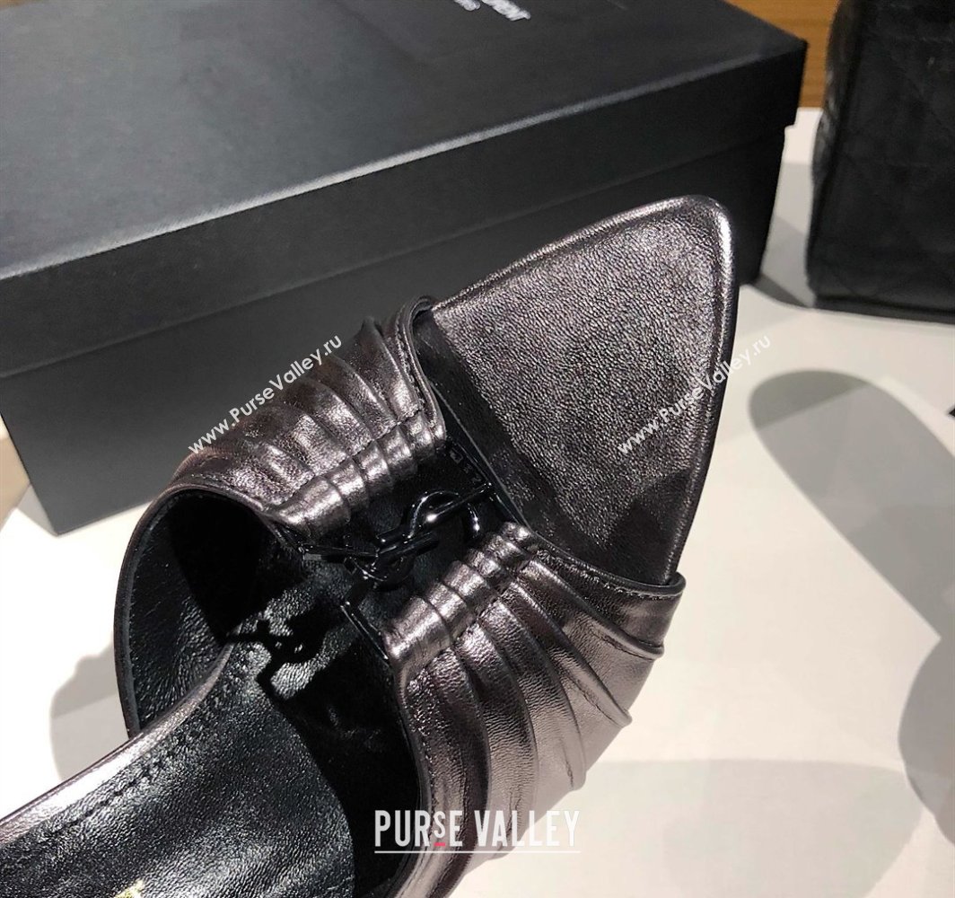 Saint Laurent Babylone Heel Slides Sandal 10.5cm in Calf Leather with Framed YSL Metallic Grey 2025 (MD-250424021)