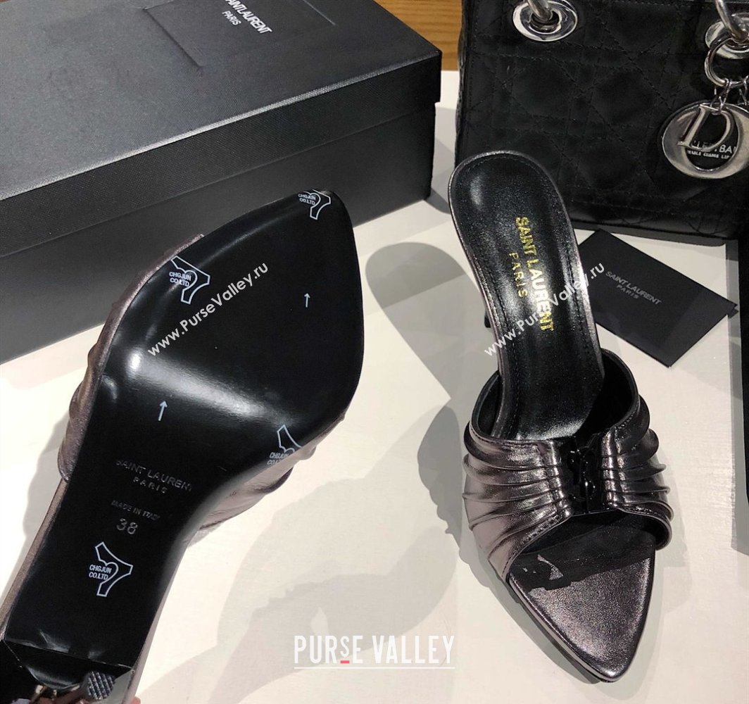 Saint Laurent Babylone Heel Slides Sandal 10.5cm in Calf Leather with Framed YSL Metallic Grey 2025 (MD-250424021)