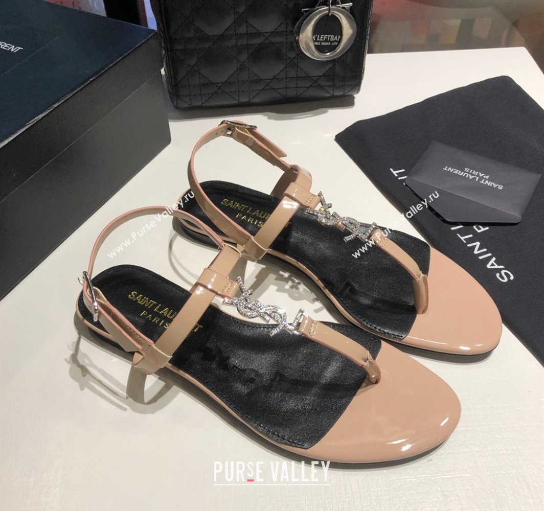 Saint Laurent Cassandra Flat Thong Sandals in Patent Leather with Strass Nude 2025 0424 (MD-250424003)