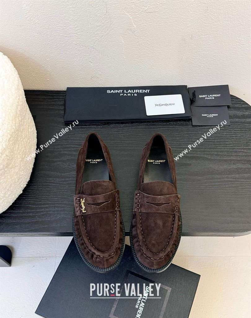 Saint Laurent Le Loafers Penny Slippers in Suede Dark Brown 2025 (KER-250424023)