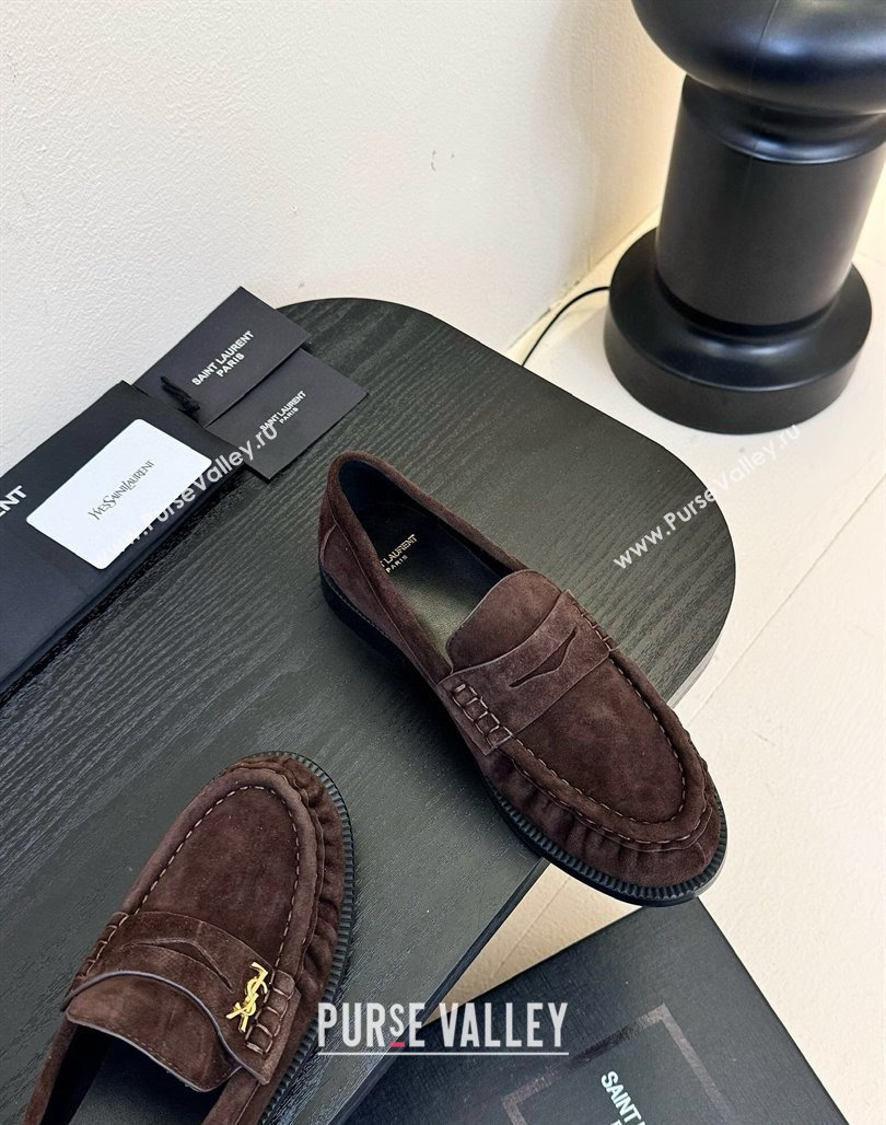 Saint Laurent Le Loafers Penny Slippers in Suede Dark Brown 2025 (KER-250424023)