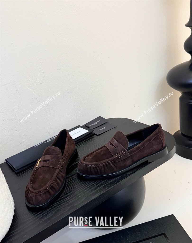 Saint Laurent Le Loafers Penny Slippers in Suede Dark Brown 2025 (KER-250424023)