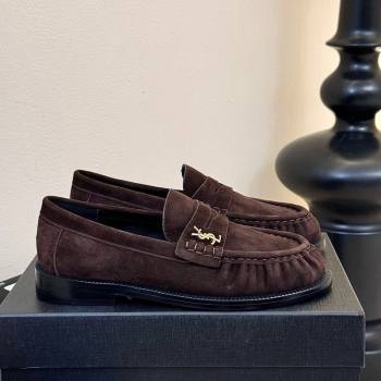 Saint Laurent Le Loafers Penny Slippers in Suede Dark Brown 2025 (KER-250424023)