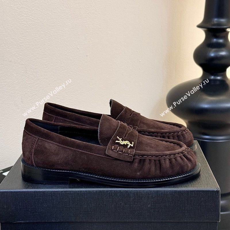 Saint Laurent Le Loafers Penny Slippers in Suede Dark Brown 2025 (KER-250424023)