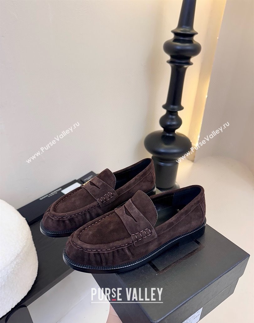 Saint Laurent Le Loafers Penny Slippers in Suede Dark Brown 2025 (KER-250424023)