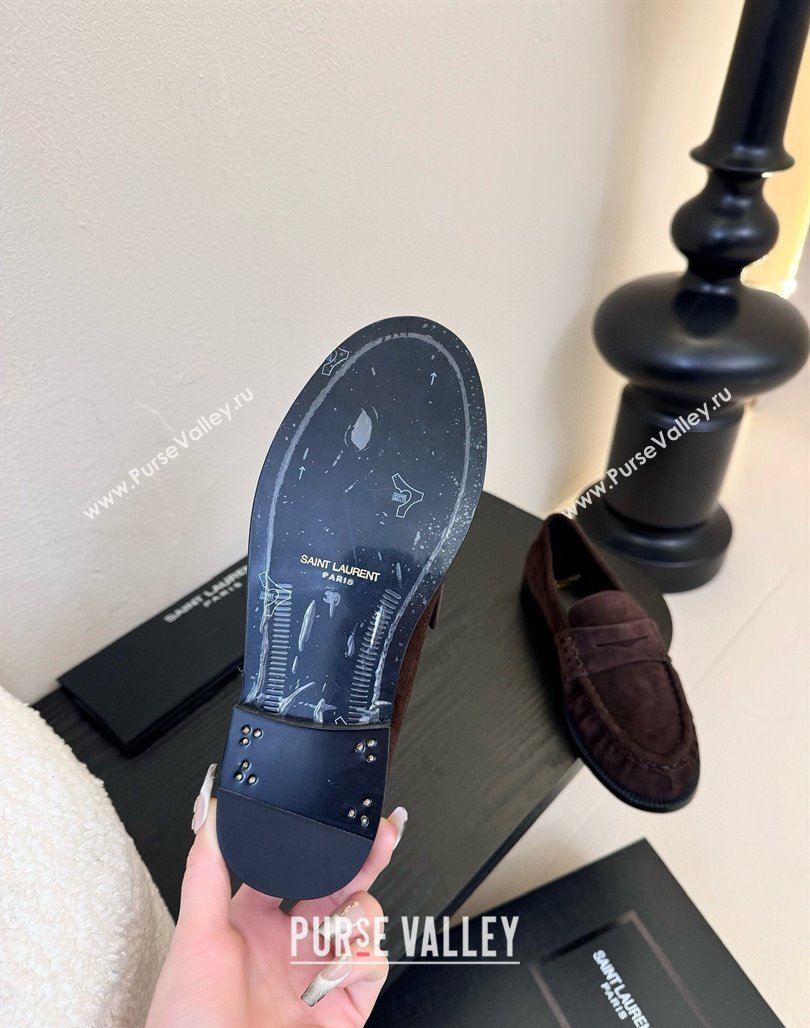 Saint Laurent Le Loafers Penny Slippers in Suede Dark Brown 2025 (KER-250424023)