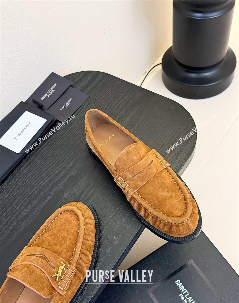 Saint Laurent Le Loafers Penny Slippers in Suede Light Brown 2025 (KER-250424024)