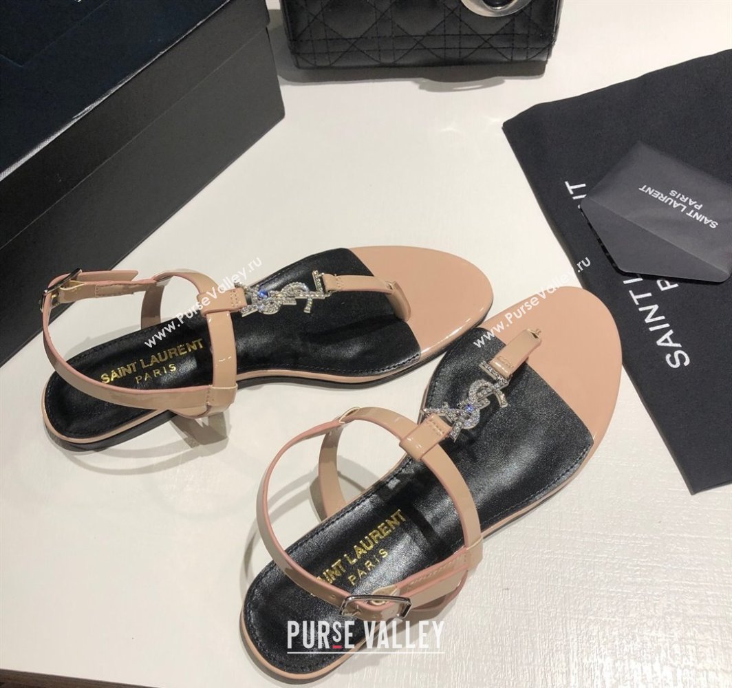 Saint Laurent Cassandra Flat Thong Sandals in Patent Leather with Strass Nude 2025 0424 (MD-250424003)