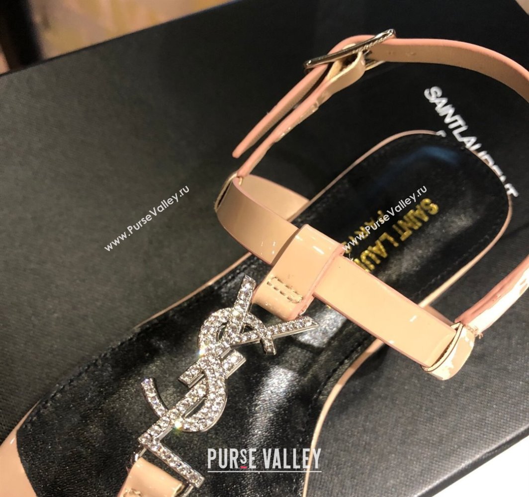 Saint Laurent Cassandra Flat Thong Sandals in Patent Leather with Strass Nude 2025 0424 (MD-250424003)