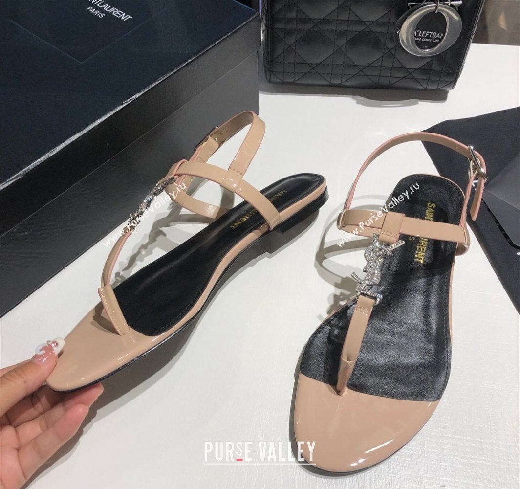 Saint Laurent Cassandra Flat Thong Sandals in Patent Leather with Strass Nude 2025 0424 (MD-250424003)