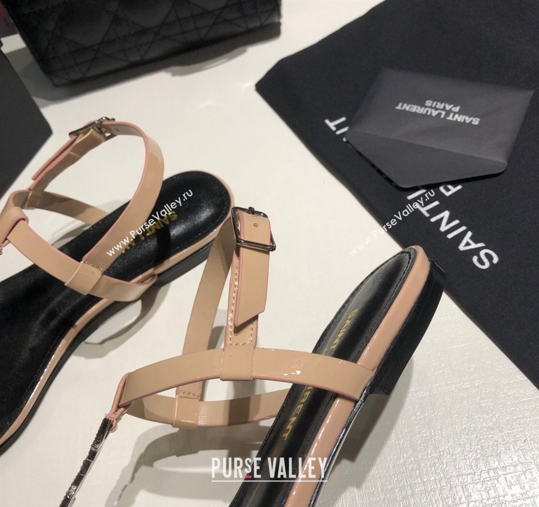 Saint Laurent Cassandra Flat Thong Sandals in Patent Leather with Strass Nude 2025 0424 (MD-250424003)