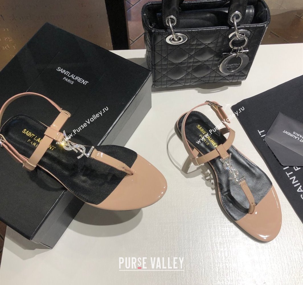 Saint Laurent Cassandra Flat Thong Sandals in Patent Leather with Strass Nude 2025 0424 (MD-250424003)