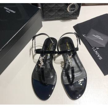 Saint Laurent Cassandra Flat Thong Sandals in Patent Leather with Strass Black 2025 0424 (MD-250424004)