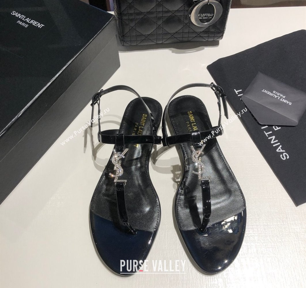 Saint Laurent Cassandra Flat Thong Sandals in Patent Leather with Strass Black 2025 0424 (MD-250424004)