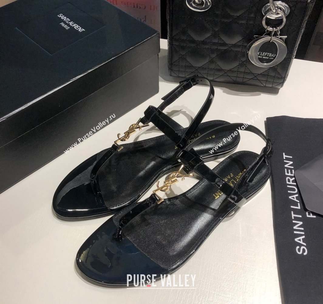 Saint Laurent Cassandra Flat Thong Sandals in Patent Leather Black/Gold 2025 0424 (MD-250424001)