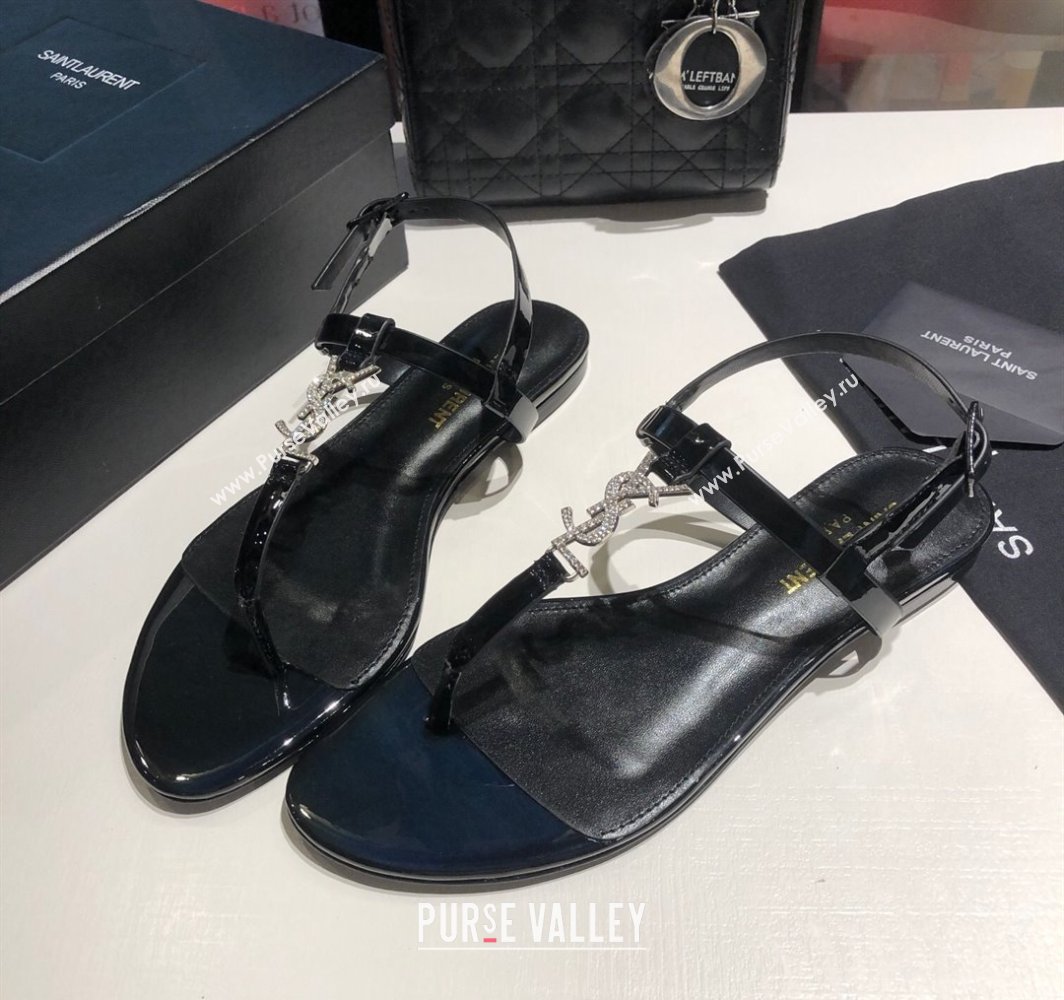 Saint Laurent Cassandra Flat Thong Sandals in Patent Leather with Strass Black 2025 0424 (MD-250424004)