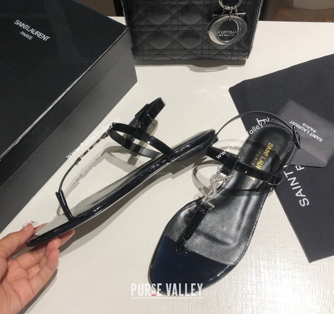 Saint Laurent Cassandra Flat Thong Sandals in Patent Leather with Strass Black 2025 0424 (MD-250424004)