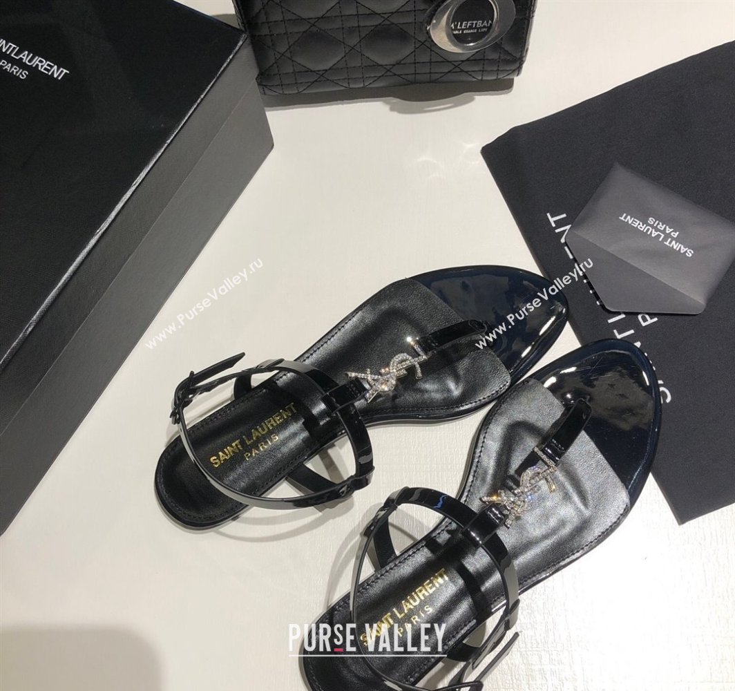Saint Laurent Cassandra Flat Thong Sandals in Patent Leather with Strass Black 2025 0424 (MD-250424004)