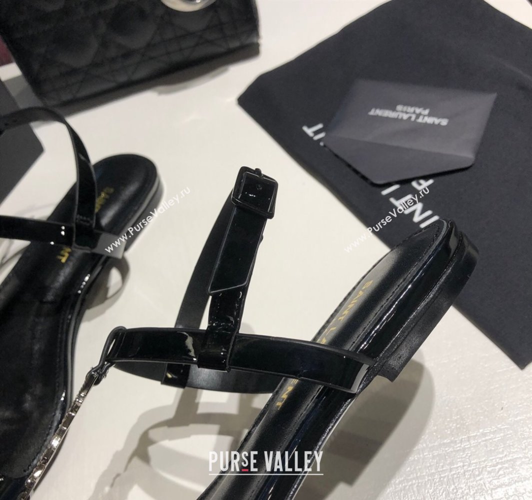 Saint Laurent Cassandra Flat Thong Sandals in Patent Leather with Strass Black 2025 0424 (MD-250424004)