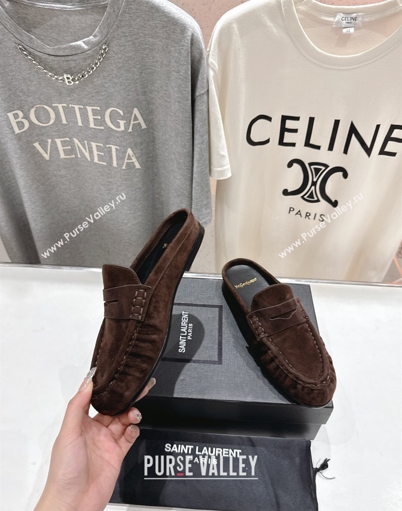 Saint Laurent Le Loafers Mules in Suede Dark Brown 2025 (MD-250424035)