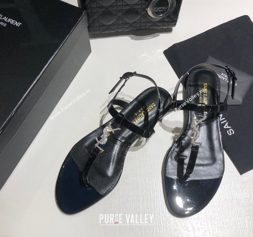 Saint Laurent Cassandra Flat Thong Sandals in Patent Leather with Strass Black 2025 0424 (MD-250424004)