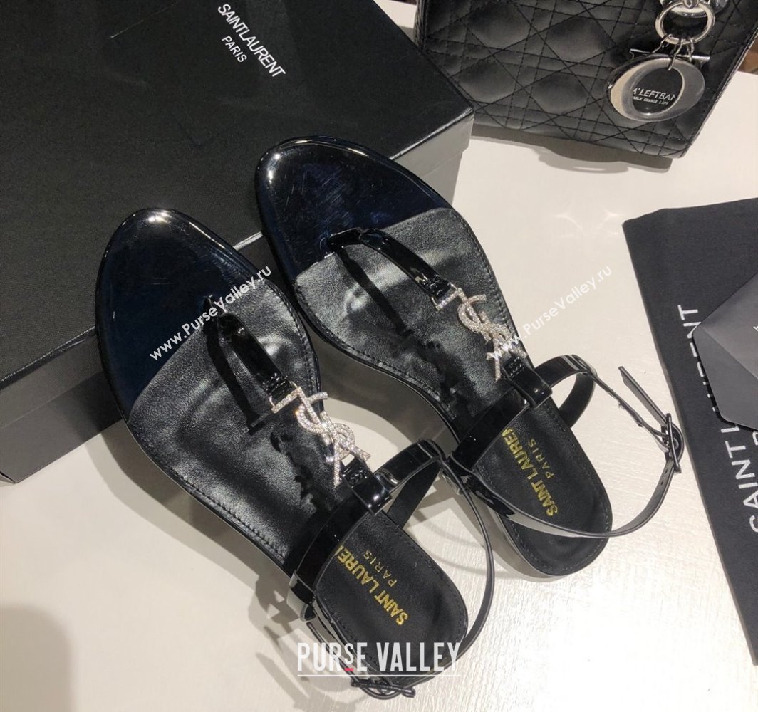 Saint Laurent Cassandra Flat Thong Sandals in Patent Leather with Strass Black 2025 0424 (MD-250424004)
