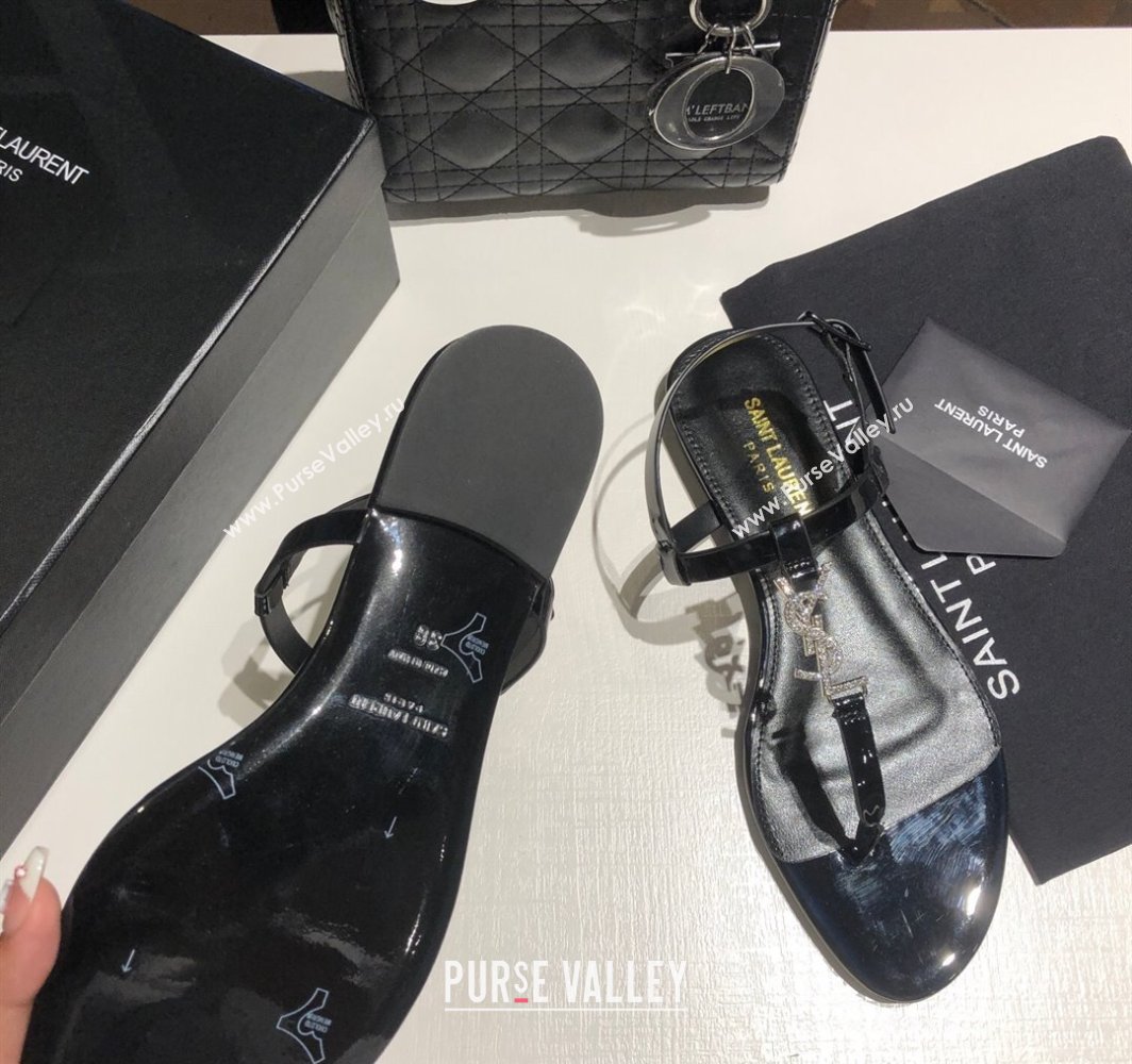 Saint Laurent Cassandra Flat Thong Sandals in Patent Leather with Strass Black 2025 0424 (MD-250424004)