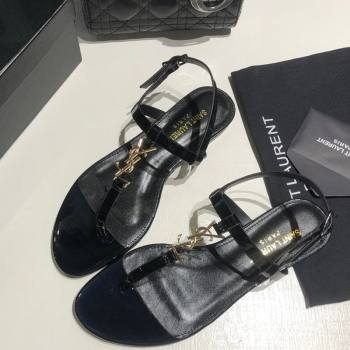 Saint Laurent Cassandra Flat Thong Sandals in Patent Leather Black/Gold 2025 0424 (MD-250424001)