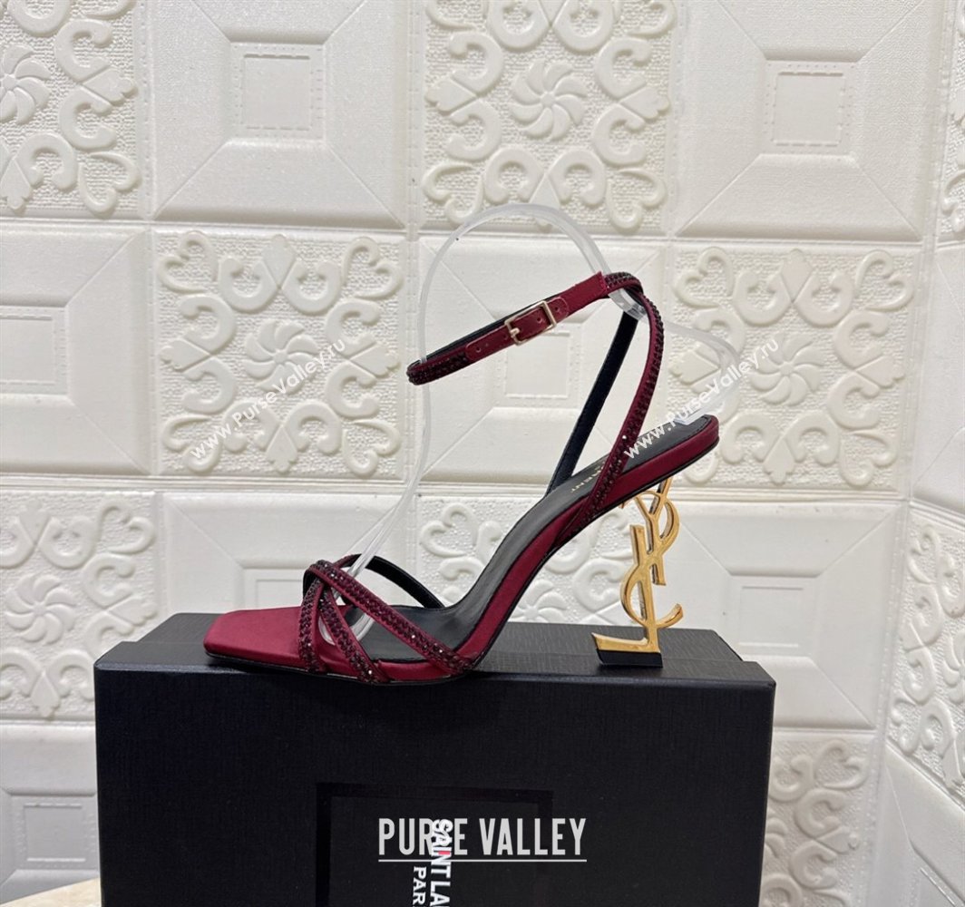 Saint Laurent Opyum YSL Heel Sandals 10.5cm in Satin and Strass Burgundy 2025 782840 (MD-250424047)