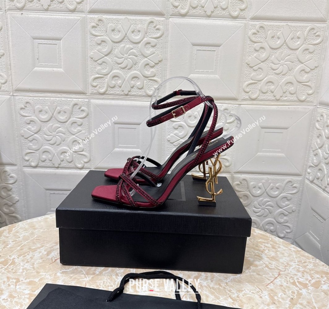 Saint Laurent Opyum YSL Heel Sandals 10.5cm in Satin and Strass Burgundy 2025 782840 (MD-250424047)