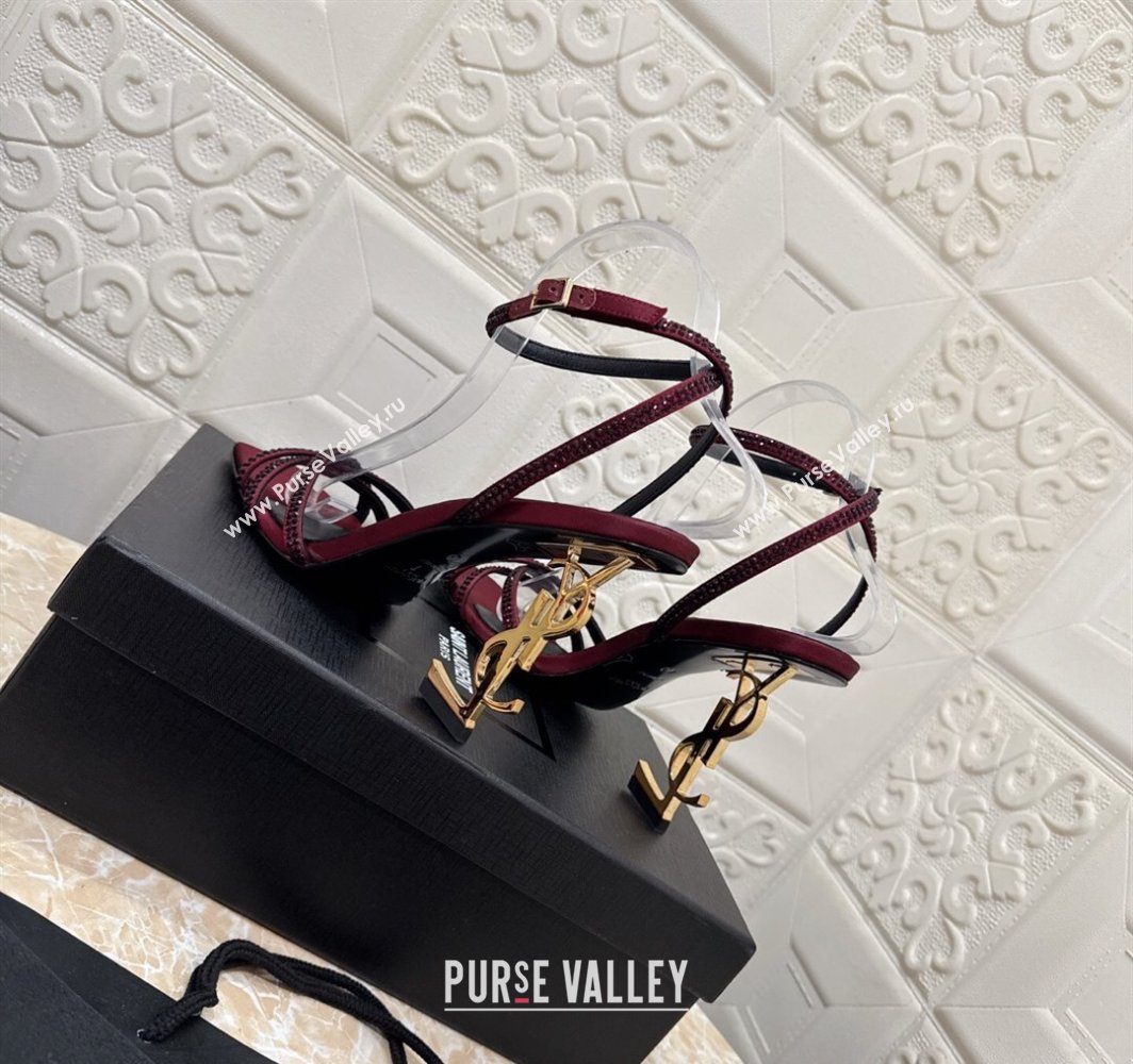 Saint Laurent Opyum YSL Heel Sandals 10.5cm in Satin and Strass Burgundy 2025 782840 (MD-250424047)