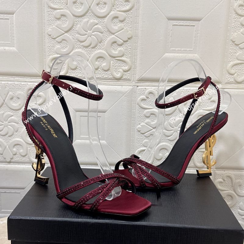 Saint Laurent Opyum YSL Heel Sandals 10.5cm in Satin and Strass Burgundy 2025 782840 (MD-250424047)